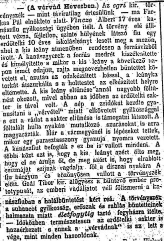 „A vérvád Hevesben.” (Forrás: Pesti Hírlap, 1891. 08. 11., 5. o.)
